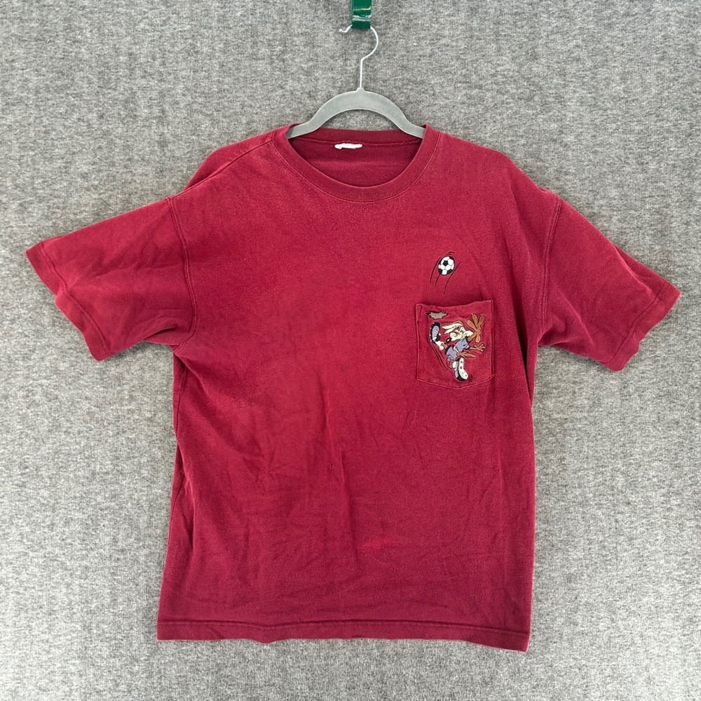Vintage Looney Tunes Wile E Coyote Soccer Maroon Graphic Pocket T-Shirt Mens L